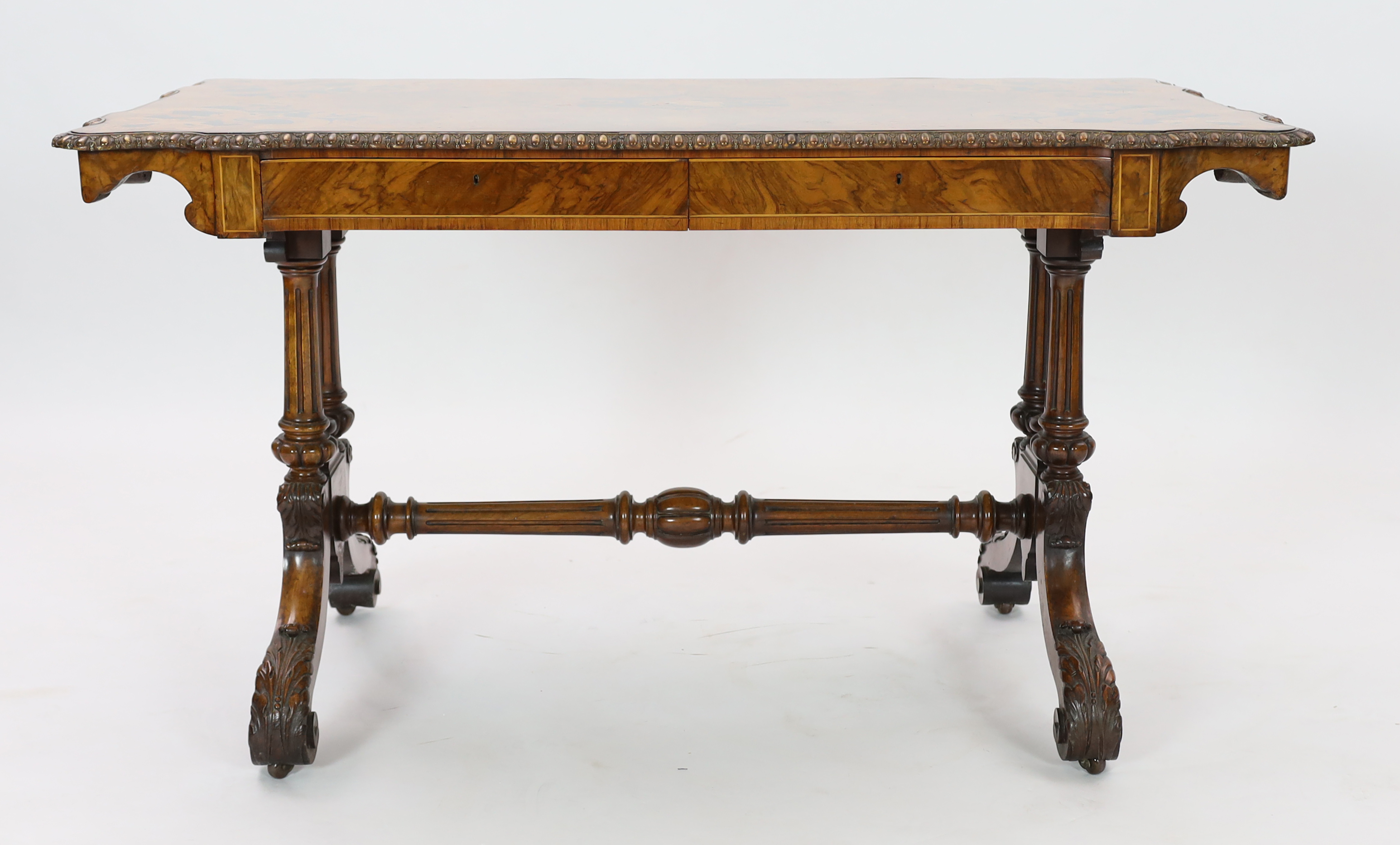 A good Victorian ormolu mounted walnut and marquetry centre table, 129cm wide, 70cm deep, 73cm high